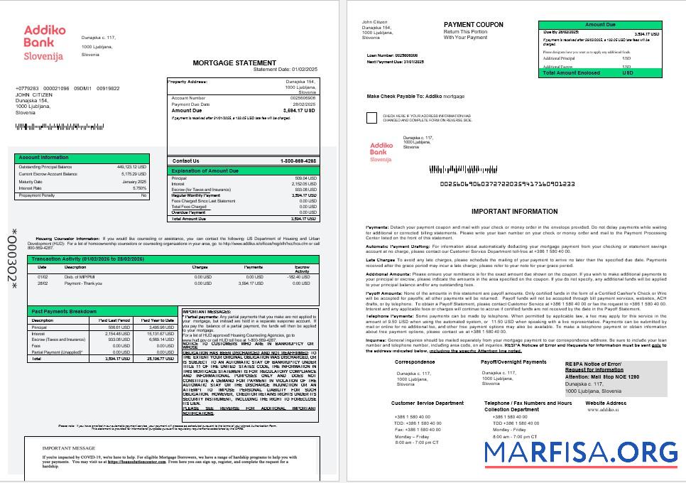 Realistic Slovenia Addiko bank mortgage statement in Word and PDF formats 1 2 sample